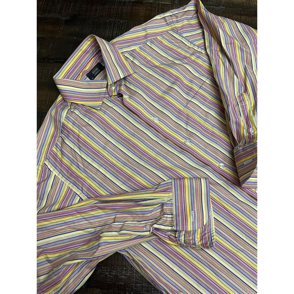 Eton Shirt Mens 16.5 32 Multicolor Stripe Cotton Long Sleeve‎ Dress Luxury